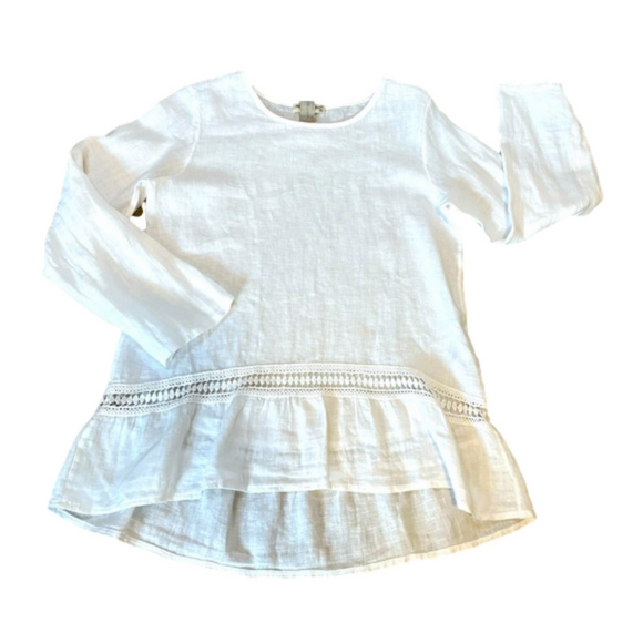 Terzo Millenio Tops - TERZO MILLENIO White Italian 100% Linen Blouse Crocheted Trim Hi Lo Hem Small